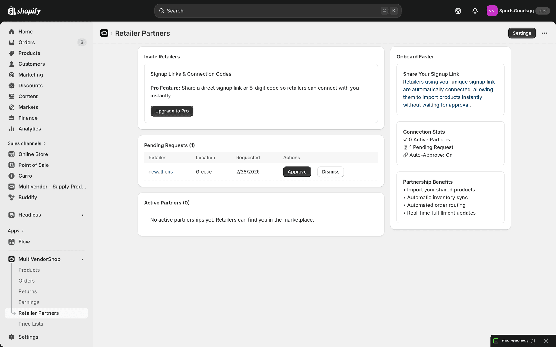 Retailer Partners page showing pending requests and partner management