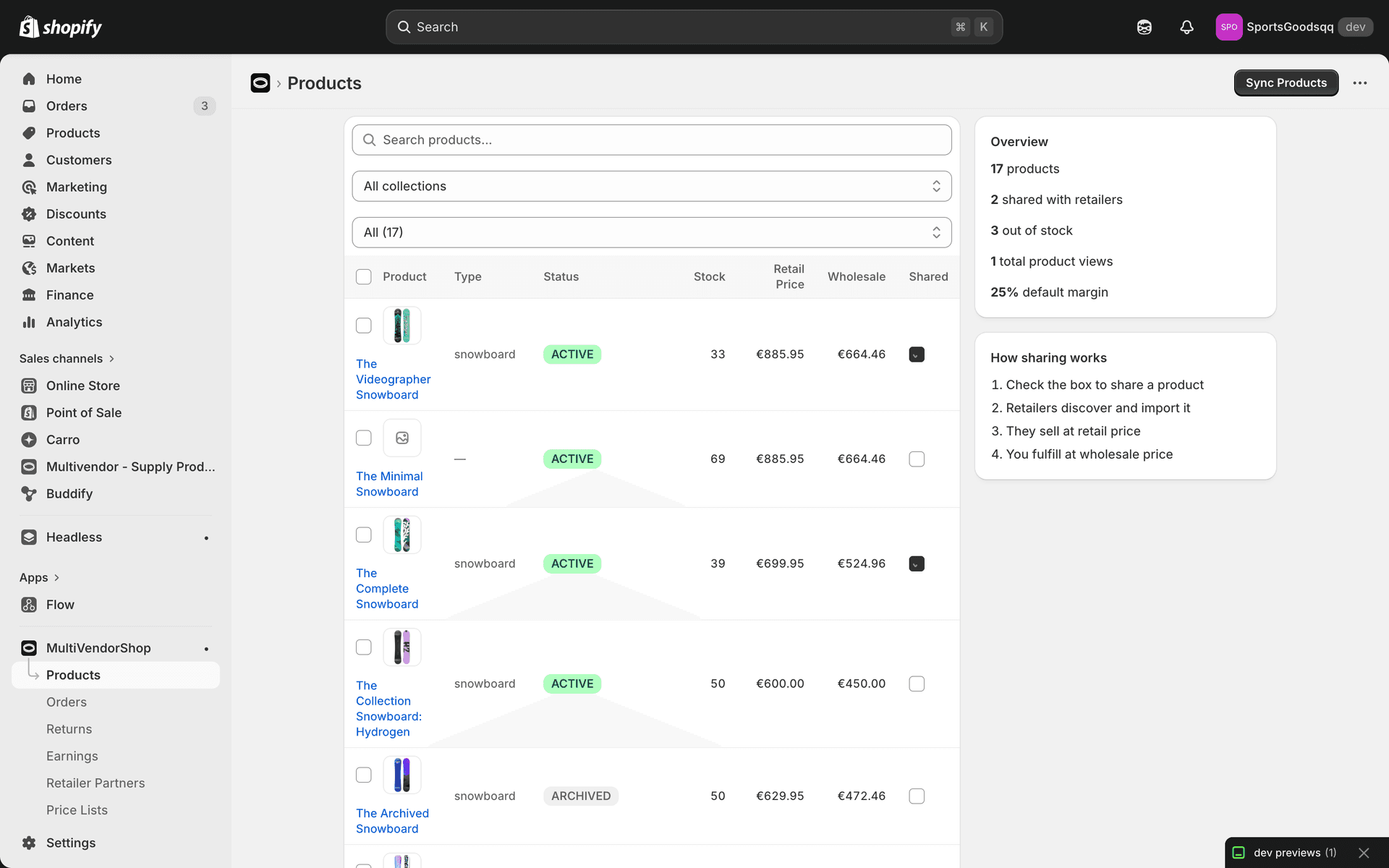 Supplier product management showing 17 products with wholesale and retail pricing
